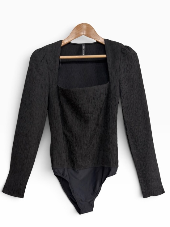 Zara Tops - Zara Black Textured Square Neck Long Sleeve Bodysuit Size Medium Minimalist Chic